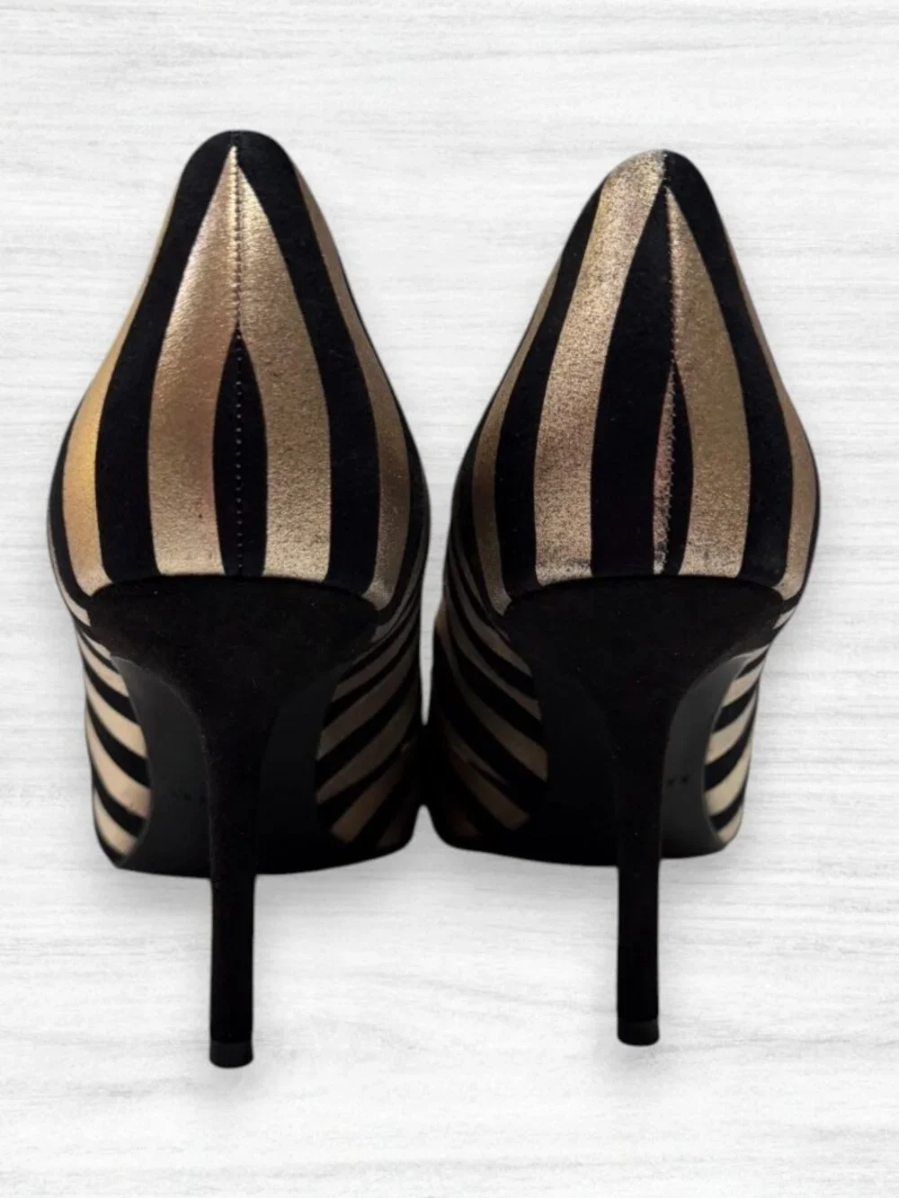 Katy Perry The Sissy Black Gold Metallic Stripe Pointed Toe Pumps Heels 9.5
